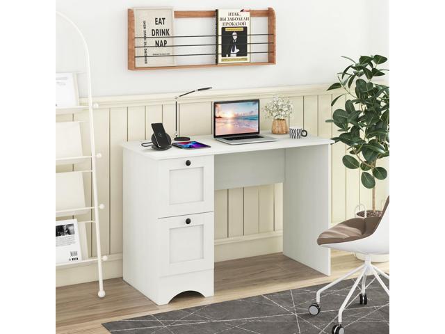 Tangkula White Desk with Drawers & Charging Station, Wooden Home Office Desk PC Laptop Notebook Desk, Compact Study Desk Writing Desk, Computer...
