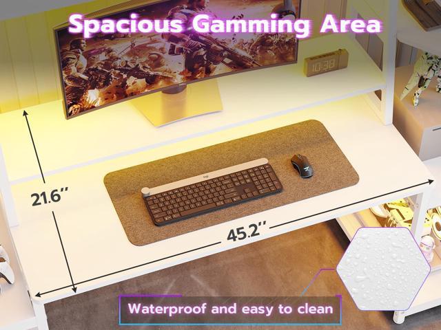 SEDETA White Gaming Desk 65.7'' with LED Lights, Hutch and Storage Shelves, Computer Desk with Monitor Stand, Large PC Gamer Desk Workstation,...