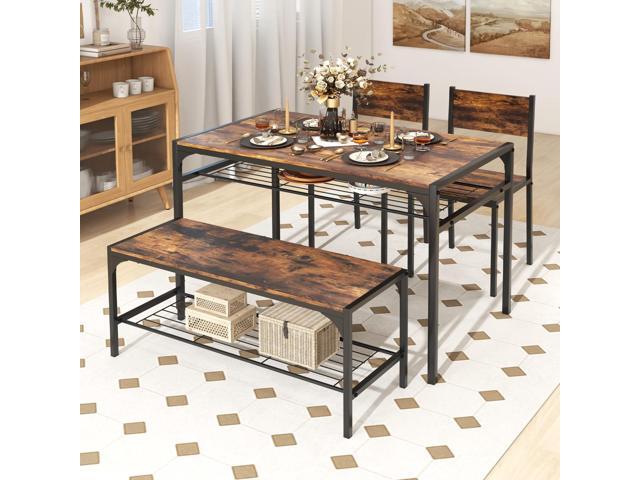COSTWAY 4 Pieces Dining Table Set, Kitchen Table and 2 Chairs for 4 with Bench, Storage Racks, Metal Frame & Space-saving Design, Industrial...