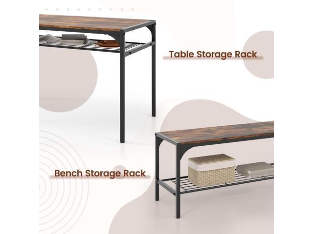 COSTWAY 4 Pieces Dining Table Set, Kitchen Table and 2 Chairs for 4 with Bench, Storage Racks, Metal Frame & Space-saving Design, Industrial...