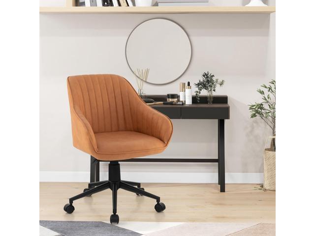 POWERSTONE Modern Home Office Desk Chair, Mid Century Computer Chair Adjustable Swivel Bedroom Makeup Chair with Wheels and Arms Brown (1 Pack)