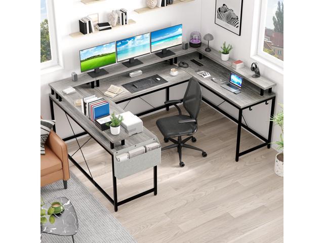 Jojoka U Shaped Computer Gaming Desk, Reversible L Shaped Desk with Power Outlets, LED Strip & Monitor Stand, Large Corner Desk with Storage...