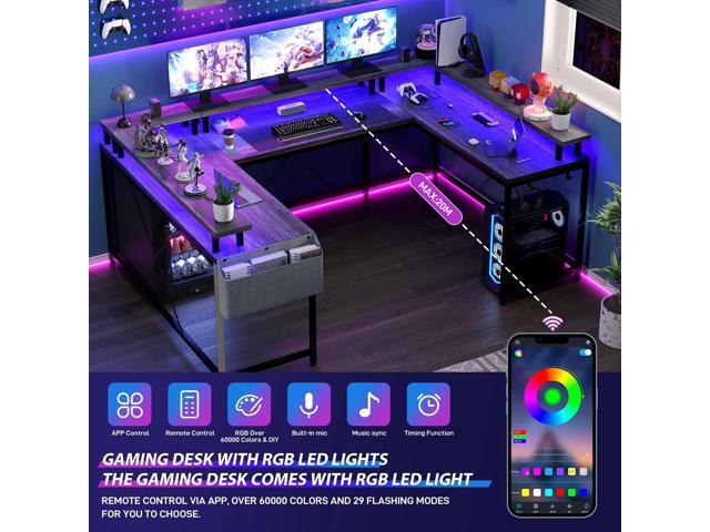 Jojoka U Shaped Computer Gaming Desk, Reversible L Shaped Desk with Power Outlets, LED Strip & Monitor Stand, Large Corner Desk with Storage...