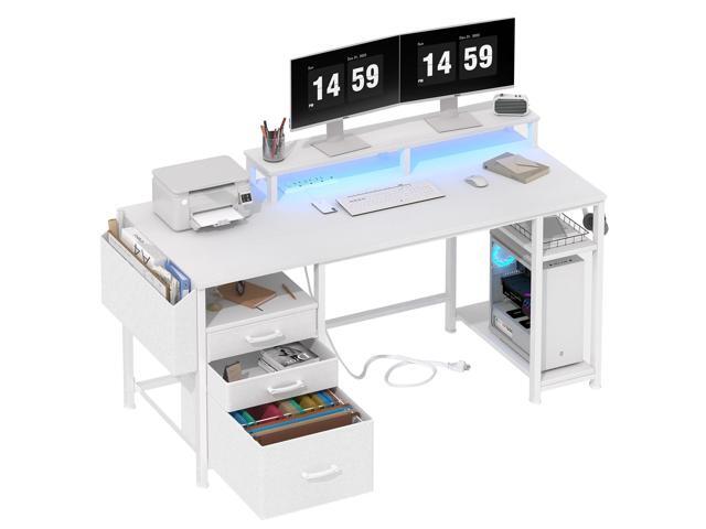 Lufeiya White Computer Desk with File Drawers Cabinet, 55 Inch Home Office Desk with Monitor Stand Shelves, Writing Study Gaming Desks with Led...