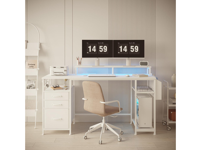 Lufeiya White Computer Desk with File Drawers Cabinet, 55 Inch Home Office Desk with Monitor Stand Shelves, Writing Study Gaming Desks with Led...