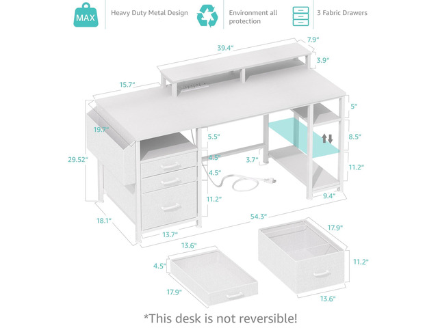 Lufeiya White Computer Desk with File Drawers Cabinet, 55 Inch Home Office Desk with Monitor Stand Shelves, Writing Study Gaming Desks with Led...