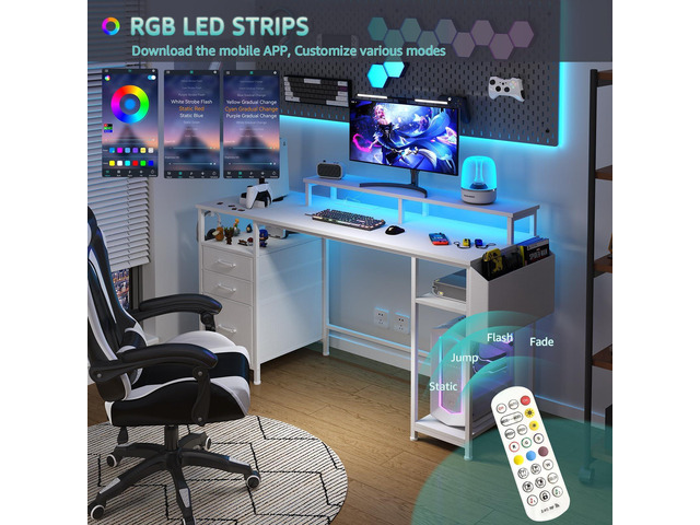 Lufeiya White Computer Desk with File Drawers Cabinet, 55 Inch Home Office Desk with Monitor Stand Shelves, Writing Study Gaming Desks with Led...