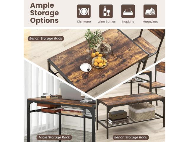 Tangkula Dining Table Set for 4, Kitchen Table and 2 Chairs for 4 with Bench, Additonal Storage Rack, 4 Piece Dining Table Set for Small Space,...