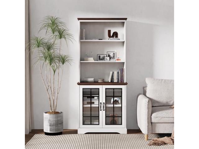 72' Tall Bookcase, White and Brown Design Large Floor Standing Bookshelf, 5 Tier Shelves with Door Storage Cabinet for Living Room Hallway Kitchen...