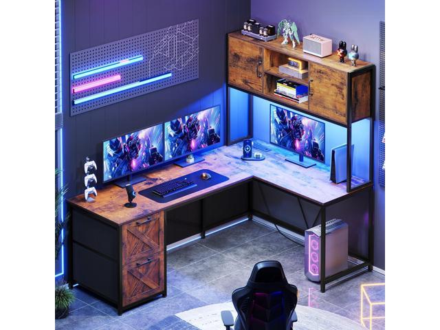 SEDETA L Shaped Desk with Drawers, 62.2' Home Office Desk with Fabric File Drawers and Power Outlet, L Shaped Desk with Hutch, Storage Shelves, LED...