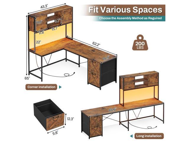 SEDETA L Shaped Desk with Drawers, 62.2' Home Office Desk with Fabric File Drawers and Power Outlet, L Shaped Desk with Hutch, Storage Shelves, LED...