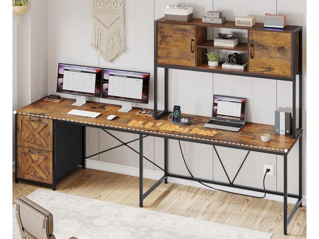 SEDETA L Shaped Desk with Drawers, 62.2' Home Office Desk with Fabric File Drawers and Power Outlet, L Shaped Desk with Hutch, Storage Shelves, LED...