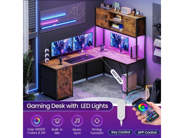 SEDETA L Shaped Desk with Drawers, 62.2' Home Office Desk with Fabric File Drawers and Power Outlet, L Shaped Desk with Hutch, Storage Shelves, LED...