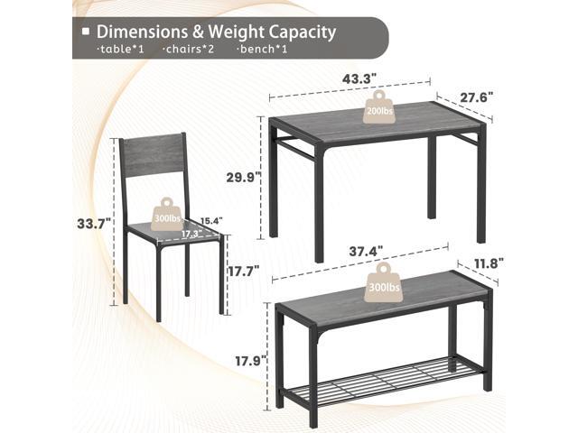 JUMMICO 43.3' Dining Table Set for 4, Kitchen Table with Bench & 2 Chairs Modern Rectangular Metal Frame Dining Furniture Set for Small Space (Grey)