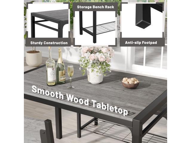 JUMMICO 43.3' Dining Table Set for 4, Kitchen Table with Bench & 2 Chairs Modern Rectangular Metal Frame Dining Furniture Set for Small Space (Grey)