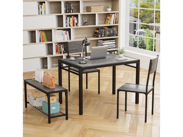 JUMMICO 43.3' Dining Table Set for 4, Kitchen Table with Bench & 2 Chairs Modern Rectangular Metal Frame Dining Furniture Set for Small Space (Grey)