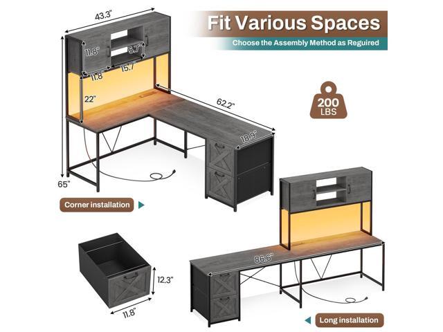 SEDETA L Shaped Gaming Desk, Reversible Computer Desk with Fabric Drawers and Power Outlet, Gaming Desk with Led Lights, Hutch and Storage Shelf...