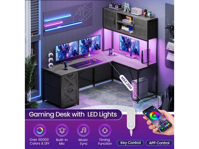 SEDETA L Shaped Gaming Desk, Reversible Computer Desk with Fabric Drawers and Power Outlet, Gaming Desk with Led Lights, Hutch and Storage Shelf...