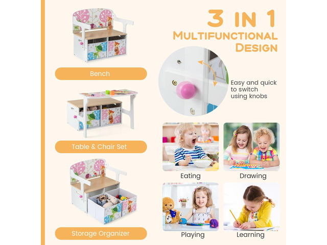 Costzon Kids Table and Chair Set, Convertible Toy Storage Bench with 2 Removable Fabric Bins for Kindergarten, Preschool, Kids Room, Playroom, Wood...