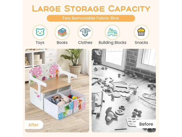 Costzon Kids Table and Chair Set, Convertible Toy Storage Bench with 2 Removable Fabric Bins for Kindergarten, Preschool, Kids Room, Playroom, Wood...