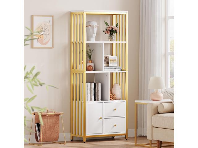 IDEALHOUSE Gold Bookshelf with Drawers Modern Bookcase Storage Rack Shelf Tall Standing Bookshelves Metal Frame Large Display Racks Book Shelf for...