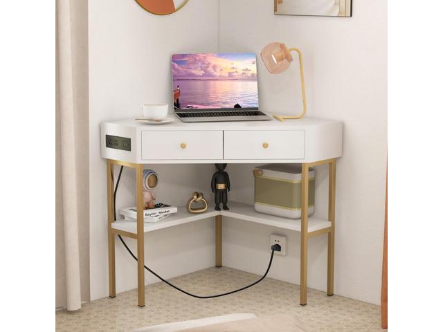 Giantex Corner Desk with Charging Station, 90 Degree Triangle Computer Desk with 2 Drawers & Storage Shelf, L-Shaped Writing Desk Makeup Vanity...