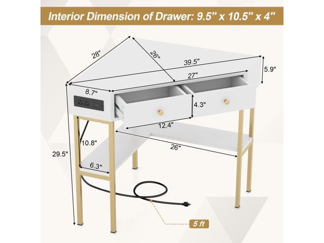 Giantex Corner Desk with Charging Station, 90 Degree Triangle Computer Desk with 2 Drawers & Storage Shelf, L-Shaped Writing Desk Makeup Vanity...