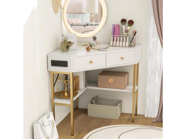 Giantex Corner Desk with Charging Station, 90 Degree Triangle Computer Desk with 2 Drawers & Storage Shelf, L-Shaped Writing Desk Makeup Vanity...