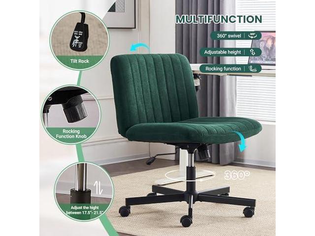 Green Desk Chair with Wheels Criss Cross Seat Home Wide Armless Office Computer Chair Adjustable Swivel Side Vanity Chair Dark Green for Girls
