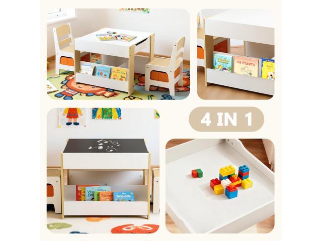 Kinder King Kids Wood Table & 2 Chairs Set, 4 in 1 Children Activity Table w/Double Bookcase, Blackboard, Toddler Furniture Set for Art, Crafts,...