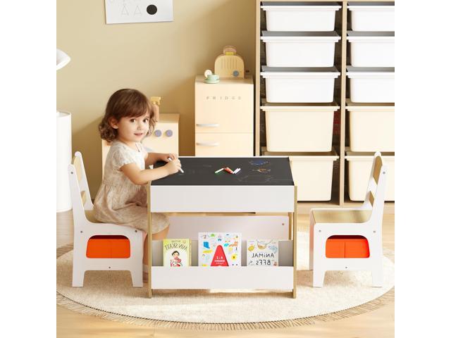 Kinder King Kids Wood Table & 2 Chairs Set, 4 in 1 Children Activity Table w/Double Bookcase, Blackboard, Toddler Furniture Set for Art, Crafts,...