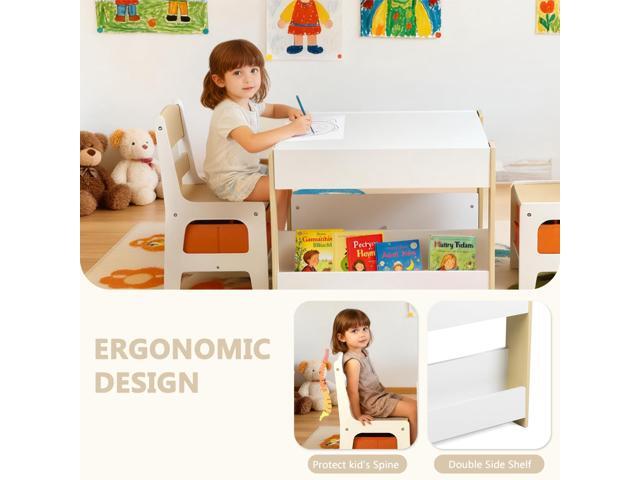 Kinder King Kids Wood Table & 2 Chairs Set, 4 in 1 Children Activity Table w/Double Bookcase, Blackboard, Toddler Furniture Set for Art, Crafts,...