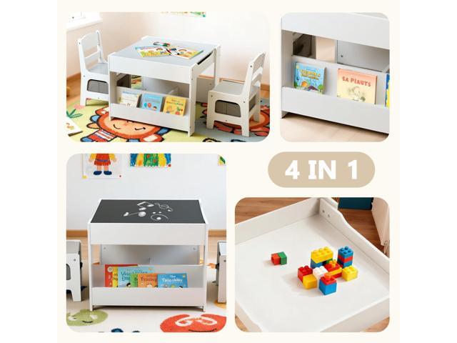 Kinder King Kids Wood Table & 2 Chairs Set, 4 in 1 Children Activity Table w/Double Bookcase, Blackboard, Toddler Furniture Set for Art, Crafts,...