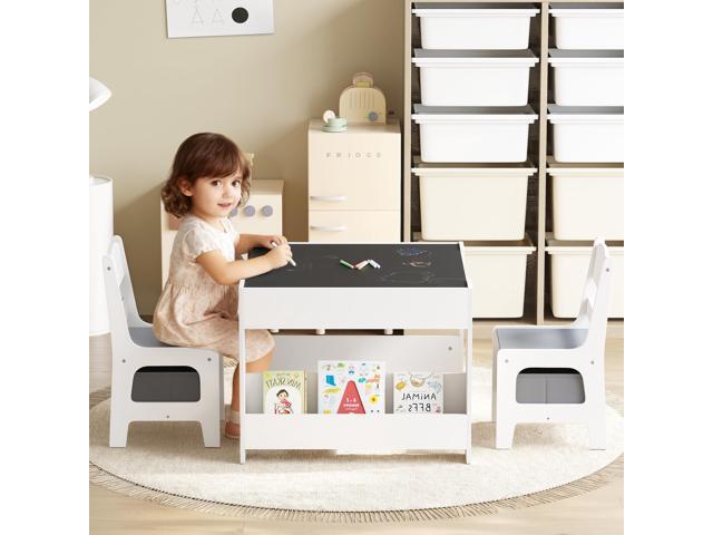 Kinder King Kids Wood Table & 2 Chairs Set, 4 in 1 Children Activity Table w/Double Bookcase, Blackboard, Toddler Furniture Set for Art, Crafts,...