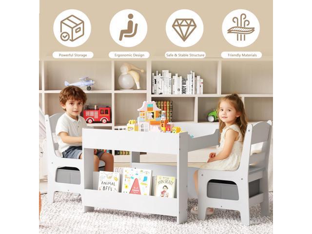 Kinder King Kids Wood Table & 2 Chairs Set, 4 in 1 Children Activity Table w/Double Bookcase, Blackboard, Toddler Furniture Set for Art, Crafts,...