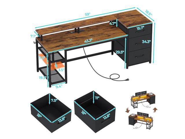 SEDETA 59' Office Desk with Drawers, Reversible Computer Desk with File Drawers & Storage, Gaming Desk with LED Lights & Power Outlet, Home Office...