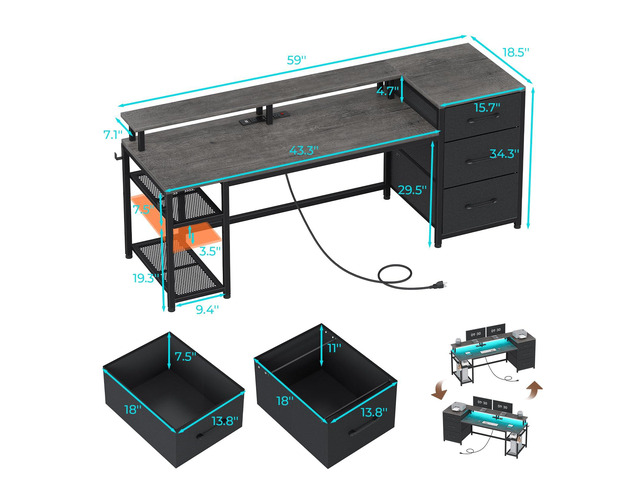 SEDETA 59' Office Desk with File Drawers, Reversible Computer Gaming Desk with Storage, LED Lights & Power Outlet, Home Office Desks for Printer, Grey