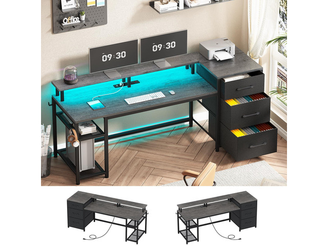 SEDETA 59' Office Desk with File Drawers, Reversible Computer Gaming Desk with Storage, LED Lights & Power Outlet, Home Office Desks for Printer, Grey