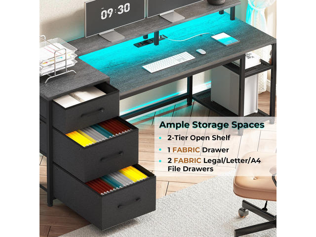 SEDETA 59' Office Desk with File Drawers, Reversible Computer Gaming Desk with Storage, LED Lights & Power Outlet, Home Office Desks for Printer, Grey