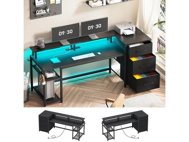 SEDETA 59' Office Desk with Drawers, Reversible Computer Desk with File Drawers & Storage, Gaming Desk with LED Lights & Power Outlet, Home Office...
