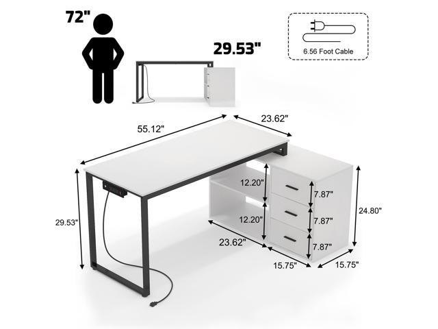 Home Office Computer Desk with Power Outlet,55 Inch Large L Shaped Desk with Drawers and Shelves,White Business Furniture Desk Workstation for Home...