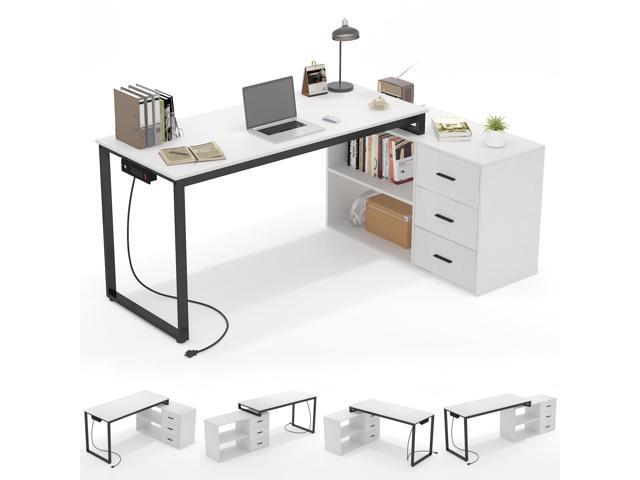 Home Office Computer Desk with Power Outlet,55 Inch Large L Shaped Desk with Drawers and Shelves,White Business Furniture Desk Workstation for Home...