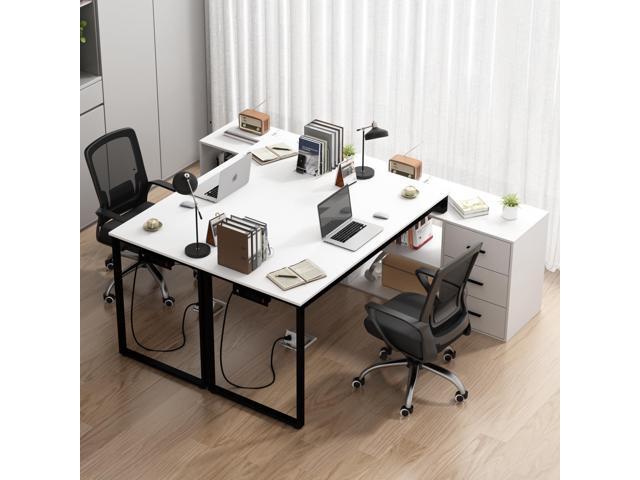 Home Office Computer Desk with Power Outlet,55 Inch Large L Shaped Desk with Drawers and Shelves,White Business Furniture Desk Workstation for Home...
