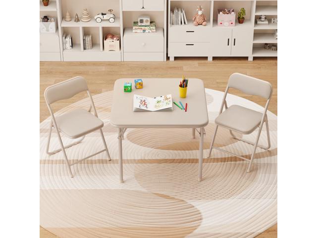 GAOMON Boys and Girls Folding Table and Chairs Set of 3, Portable Table and Chair with PU Soft Cushion,Suitable for Eating,Reading and Playing-Beige