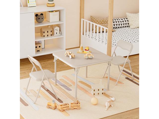GAOMON Boys and Girls Folding Table and Chairs Set of 3, Portable Table and Chair with PU Soft Cushion,Suitable for Eating,Reading and Playing-Beige