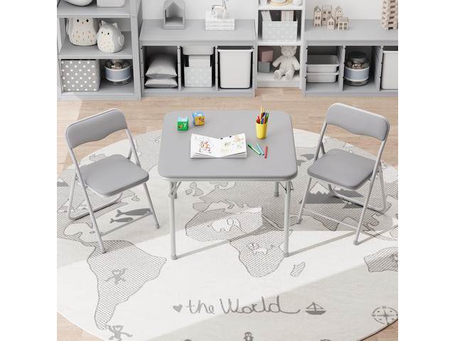 GAOMON Boys and Girls Folding Table and Chairs Set of 3, Portable Table and Chair with PU Soft Cushion, Suitable for Eating, Reading and Playing-Grey