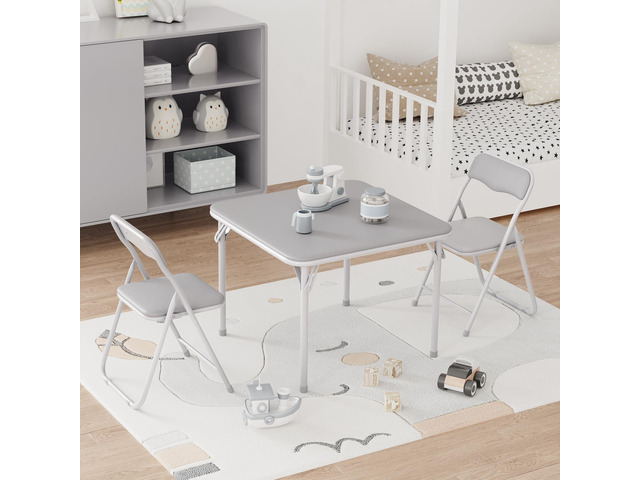 GAOMON Boys and Girls Folding Table and Chairs Set of 3, Portable Table and Chair with PU Soft Cushion, Suitable for Eating, Reading and Playing-Grey