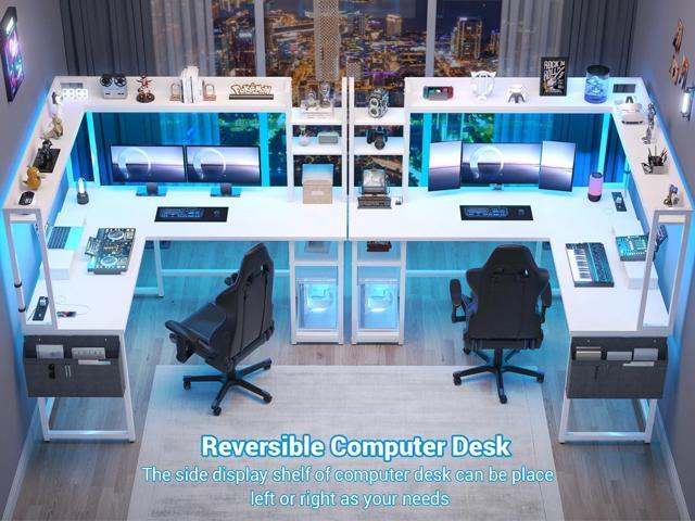 Aheaplus L Shaped Gaming Desk, Reversible L Shaped Desk with Power Outlet and Led Lights, Gaming Desk Corner Computer Desk with Hutch, Monitor...