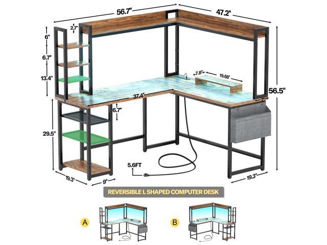 Aheaplus L Shaped Gaming Desk, Reversible L Shaped Desk with Power Outlet and Led Lights, Gaming Desk Corner Computer Desk with Hutch, Monitor...