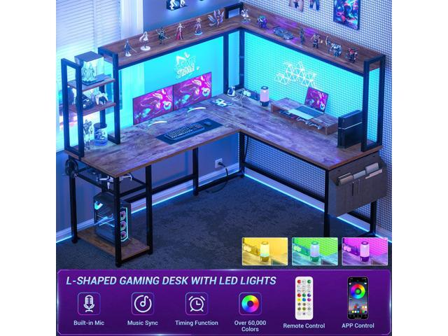 Aheaplus L Shaped Gaming Desk, Reversible L Shaped Desk with Power Outlet and Led Lights, Gaming Desk Corner Computer Desk with Hutch, Monitor...
